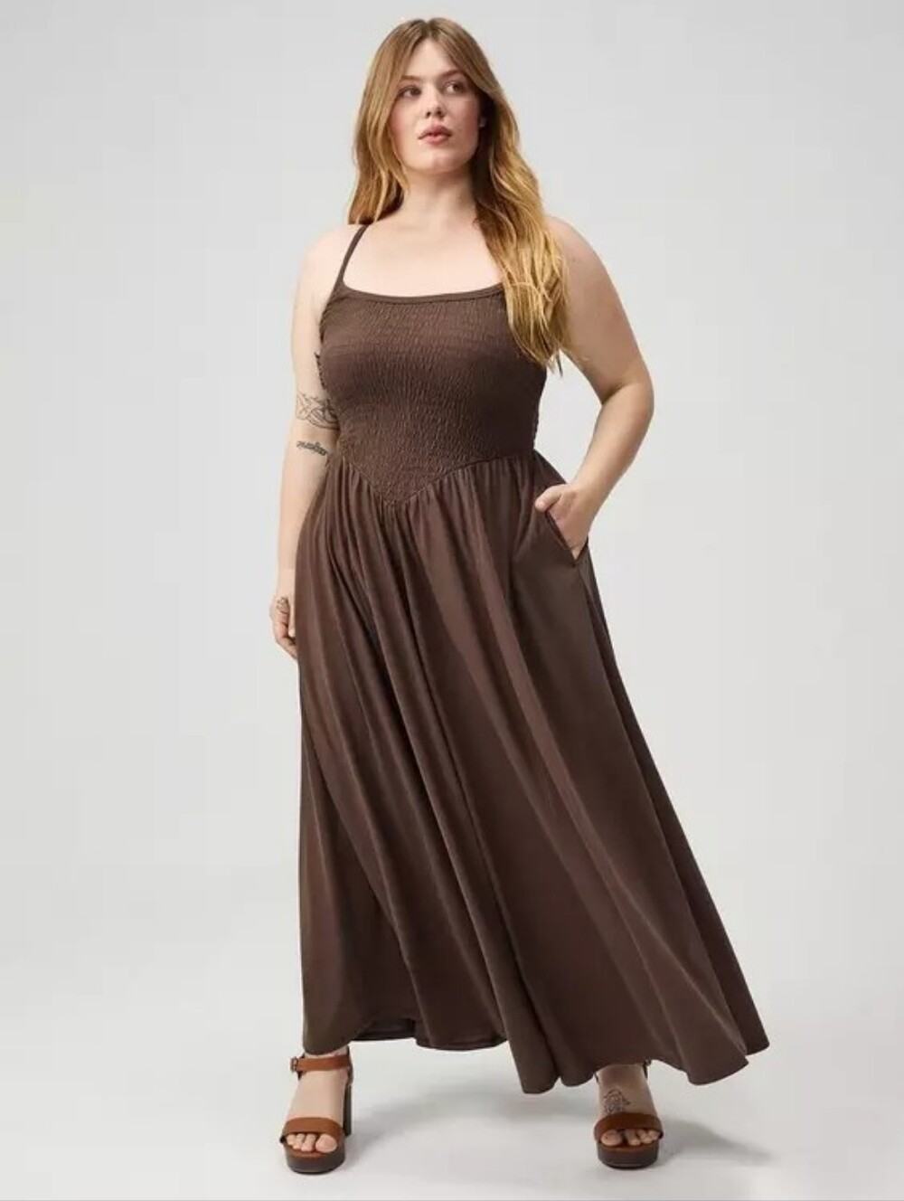 Torrid Boho Brown Cotton Smocked Bodice Maxi Dress Plus Size 1X Nwt